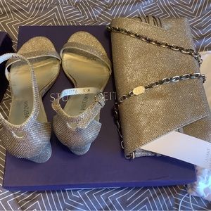 Stuart Weitzman Womens size 9 gold sparkle shoes and matching handbag